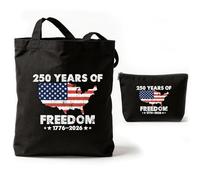 VeloKomo USA 250th Anniversary Bag - 2 Pcs America Flag Black Canvas Totes Bag and Makeup Bags Set for Work Travel Shopping 1776-2026 Independence Day Accessories Patriotic Gift for Women Friends