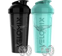VELOMIX -2 Pack- 28 oz Protein Shaker Bottles for Protein Mixes - 2x Wire Whisk | Leak Proof Shaker Cups for Protein Shakes and Pre Workout | Protein Shaker Bottle Pack (B4) Black/Turquoise