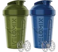 VELOMIX -2 PACK- 600ml Protein Shaker Bottle -2x Wire Mixball | Leak Proof Shaker For Protein Shakes | Stackable Protein Shake Bottle | Dishwasher Safe Gym Bottle (Green/Blue)