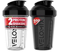 VELOMIX 2 Pack 600ml Protein Shaker Bottle, Black/Transparent | 2x Wire Mix Ball, Leak Proof Shaker Cups for Protein Shakes, BPA Free, Dishwasher Safe, Gym and Pre Workout