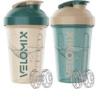 VELOMIX 2 Pack 600ml Protein Shaker Bottle, Blue/Beige | 2x Wire Mix Ball, Leak Proof Shaker Cups for Protein Shakes, BPA Free, Dishwasher Safe, Gym and Pre Workout
