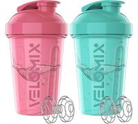 VELOMIX 2 Pack 600ml Protein Shaker Bottle, Pink/Turquoise | 2x Wire Mix Ball, Leak Proof Shaker Cups for Protein Shakes, BPA Free, Dishwasher Safe, Gym and Pre Workout