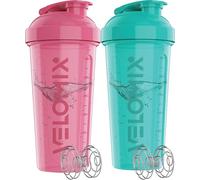VELOMIX -2 PACK- 828ml Protein Shaker Bottle -2x Wire Mixball | Leak Proof Shaker For Protein Shakes | Large, Stackable Protein Shake Bottle | Dishwasher Safe Gym Bottle (Pink/Turquise)