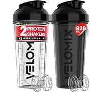 VELOMIX -2 PACK- 828ml Protein Shaker Bottle -2x Wire Mixball | Leak Proof Shaker For Protein Shakes | Large, Stackable Protein Shake Bottle | Dishwasher Safe Gym Bottle (Black/Transparent)