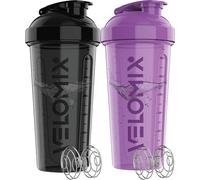 VELOMIX 2 Pack 828ml Protein Shaker Bottle, Purple/Black | 2x Wire Mix Ball, Leak Proof Shaker Cups for Protein Shakes, BPA Free, Dishwasher Safe, Gym and Pre Workout