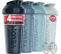 VELOMIX 4 Pack 28oz Shaker Cups for Protein Shakes, Aqua Depths | 4x Wire Whisk, Leak Proof Protein Shaker Bottle for Protein Mixes, Stackable, Dishwasher Safe, Gym Ready, Measurement Marks