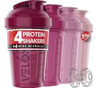 VELOMIX -4 PACK- 600ml Protein Shaker Bottle -4x Wire Mixball | Leak Proof Shaker For Protein Shakes | Stackable Protein Shake Bottle | Dishwasher Safe Gym Bottle (Berry Blend)