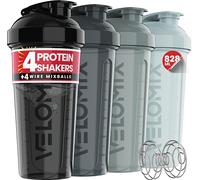 VELOMIX -4 PACK- 828ml Protein Shaker Bottle -4x Wire Mixball | Leak Proof Shaker For Protein Shakes | Large, Stackable Protein Shake Bottle | Dishwasher Safe Gym Bottle (Silver Mix)