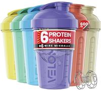 VELOMIX -6 PACK- 600ml Protein Shaker Bottle -6x Wire Mixball | Leak Proof Shaker For Protein Shakes | Stackable Protein Shake Bottle | Dishwasher Safe Gym Bottle (Pastel Shades)