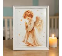 Velonna Angel Child Watercolour Art Print in White Frame, Nursery Decor | Framed Wall Art, Gold Star Motif, Hang or Stand Display, Nursery Room Decor, Watercolour Illustration