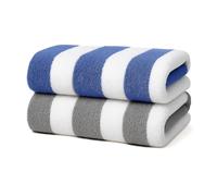 Velosso 2 Pack Cabana Stripe Large Beach Towels 100% Cotton Super Absorbent Beach Swim Pool Swim Quick Dry Camping Holiday Sauna Towel (Blue x 1 Grey x 1)