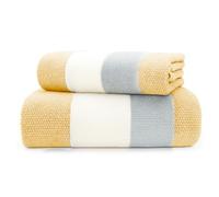 Velosso 2pce Set 100% Cotton Striped Multi Premium Cotton Towels Hand Bath Towel, Quick-Dry, Soft Absorbent, Stripes Hotel Spa, Fade Resistant (Yellow)