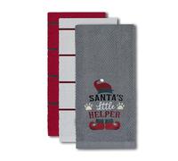 Velosso 3 Pack Christmas Kitchen Towels, Cotton Tea Towel Set with Santa's Helper Design, Grey and Red Festive Pattern, Machine Washable Holiday Dish Cloths (Grey)