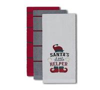 Velosso 3 Pack Christmas Kitchen Towels, Cotton Tea Towel Set with Santa's Helper Design, Grey and Red Festive Pattern, Machine Washable Holiday Dish Cloths (White)