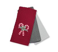 Velosso 3 Pack Christmas Tea Towel Set - Candy Cane Design, Soft Absorbent Cotton Kitchen Towels, Festive Grey & Red Mix, Durable & Machine Washable, Perfect for Holiday (Red)