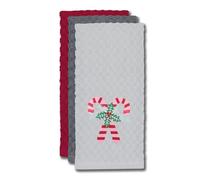 Velosso 3 Pack Christmas Tea Towel Set - Candy Cane Design, Soft Absorbent Cotton Kitchen Towels, Festive Grey & Red Mix, Durable & Machine Washable, Perfect for Holiday (White)