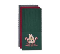 Velosso 3 Pack Christmas Tea Towel Set - Gingerbread House Design, Soft Absorbent Cotton Kitchen Towels, Festive Green & Red Mix, Durable & Machine Washable, Perfect for Holiday (Green)
