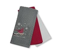 Velosso 3 Pack Christmas Tea Towel Set - Winter Wishes Robin Design, Soft Absorbent Cotton Kitchen Towels, Festive Grey & Red Mix, Durable & Machine Washable, Perfect for Holiday (Grey)