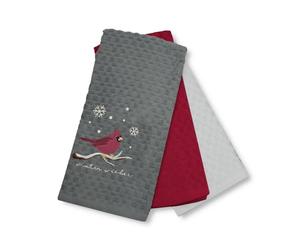 Velosso 3 Pack Christmas Tea Towel Set - Winter Wishes Robin Design, Soft Absorbent Cotton Kitchen Towels, Festive Grey & Red Mix, Durable & Machine Washable, Perfect for Holiday (Grey)