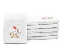 Velosso 6 Pack Embroidered Cupcakes Large Everyday Kitchen Tea Towel Set 100% Supreme Ring Spun Cotton Soft and Absorbent Dish Towels, Tea Towels, Dish Cloth, Catering Towels (White)