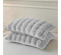 Velosso Alpine Faux Fur Pillowcase Pair, Ultra Soft Plush Ribbed Cushion Covers, Warm & Cosy Winter Bedroom Accessory, Luxury Faux Fur Texture, Machine Washable (Silver)