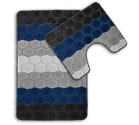 Velosso Anti Slip Super Absorbent 2pce Bath Mat & Pedestal Set Hexagon Stripes 8 Colours (Navy/Grey)