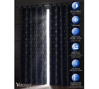 Velosso Blackout Geometric Ring Top Curtains - Energy-Saving, Thermal, Modern, Stylish, Patterned, High-Quality Weave - Navy