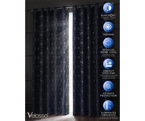 Velosso Blackout Geometric Ring Top Curtains - Energy-Saving, Thermal, Modern, Stylish, Patterned, High-Quality Weave - Navy