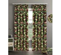 Velosso Camouflage Army Print Reversible Duvet Cover And Pillowcase Set, Fitted Sheet, Ring Top Curtains (Green, 66" x 72" Pencil Pleat)