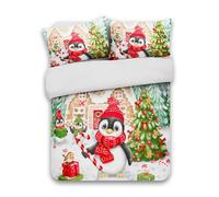 Velosso Christmas Holiday Penguin Bedding Set, Polycotton Duvet Cover with Button Closure, Easy Care Winter Themed Bedroom Decor with Candy, Gingerbread House and Tree Design (Double)