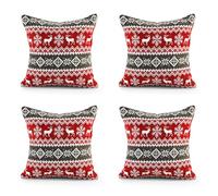 Velosso Christmas Soft Cotton Blended Chenille Filled Tapestry Cushion Cover Xmas Festive Scatter Decorative Square Sofa Couch Pillow Cushion Nordic Stag 43x43cms (4, Nordic Red/Grey)