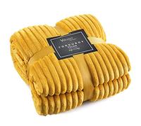 Velosso Chunky Ribbed Cord Faux Fur Velvet Thermal Touch Sofa Bed Throwover Soft Touch Blanket Cord Stripes (Ochre, 150x200cms)