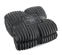 Velosso Chunky Ribbed Cord Faux Fur Velvet Thermal Touch Sofa Bed Throwover Soft Touch Blanket Cord Stripes (Charcoal Grey, 127x152cms)
