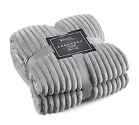 Velosso Chunky Ribbed Cord Faux Fur Velvet Thermal Touch Sofa Bed Throwover Soft Touch Blanket Cord Stripes (Silver Grey, 127x152cms)
