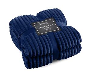 Velosso Chunky Ribbed Cord Faux Fur Velvet Thermal Touch Sofa Bed Throwover Soft Touch Blanket Cord Stripes (Navy, 127x152cms)