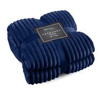 Velosso Chunky Ribbed Cord Faux Fur Velvet Touch Sofa Bed Throwover Soft touch Blanket (Navy, 150x200cms)