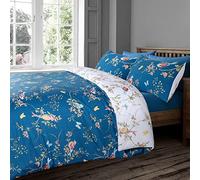 Velosso Delicate Reversible Birds Wild Blossom Floral Bed Set with Duvet Cover and Pillow Case (Navy Blue, Double)