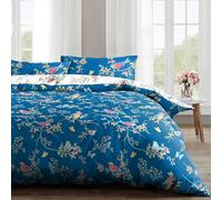 Velosso Delicate Reversible Birds Wild Blossom Floral Bed Set with Duvet Cover and Pillow Case (Navy Blue, King)