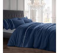 Velosso Diamante Sparkle Crushed Velvet Panel Bedding and Pillowcase Set Microfibre with Bling Velvet Band (Navy Blue, Double)