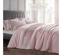 Velosso Diamante Sparkle Crushed Velvet Panel Bedding and Pillowcase Set Microfibre with Bling Velvet Band (Blush Pink, King)