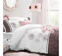 Velosso Elegant Floral Embroidered Duvet Cover Set, White with Plum Trim, Cotton Rich, Sequin Embellished Rose Pattern, Machine Washable (King)