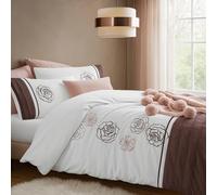 Velosso Elegant Floral Embroidered Duvet Cover Set, White with Plum Trim, Cotton Rich, Sequin Embellished Rose Pattern, Machine Washable (Double)
