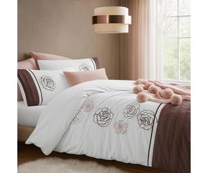 Velosso Elegant Floral Embroidered Duvet Cover Set, White with Plum Trim, Cotton Rich, Sequin Embellished Rose Pattern, Machine Washable (Double)