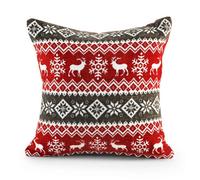 Velosso Festive Design Red/grey Cotton Chenille Cushion, Zip Closure, Machine Washable - Multicolour