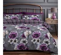 Velosso Grey Purple Blossom Large Floral Bed Set with Duvet Cover and Pillow Case (Purple/Grey, Single)