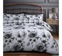 Velosso Monochrome Floral Printed Cotton Blend Duvet Cover & Pillowcase Set, Button Enclosure, Machine Washable - Grey
