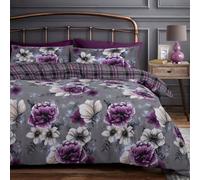Velosso Monochrome Floral Printed Cotton Blend Duvet Cover & Pillowcase Set, Button Enclosure, Machine Washable - Purple