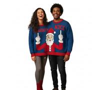 Velosso Naughty and Nice Christmas Sweater, Blue and Red, Knitted Cotton Blend, Festive Santa Design, Couples Holiday Jumper
