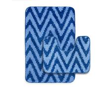 Velosso New Chevron Stripes Greek Style Large Scroll 2 Piece Bath Mat Set Anti Slip Super Absorbent Bath Mat & Pedestal Set (Blue)