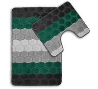 Velosso Non-Slip 2 Piece Bath Mat and Pedestal Mat - Soft and Absorbent Hex Striped Design - Greek Key Plain Quick Dry and Slip Resistant Bathroom Mat Set (Emerald/Grey)